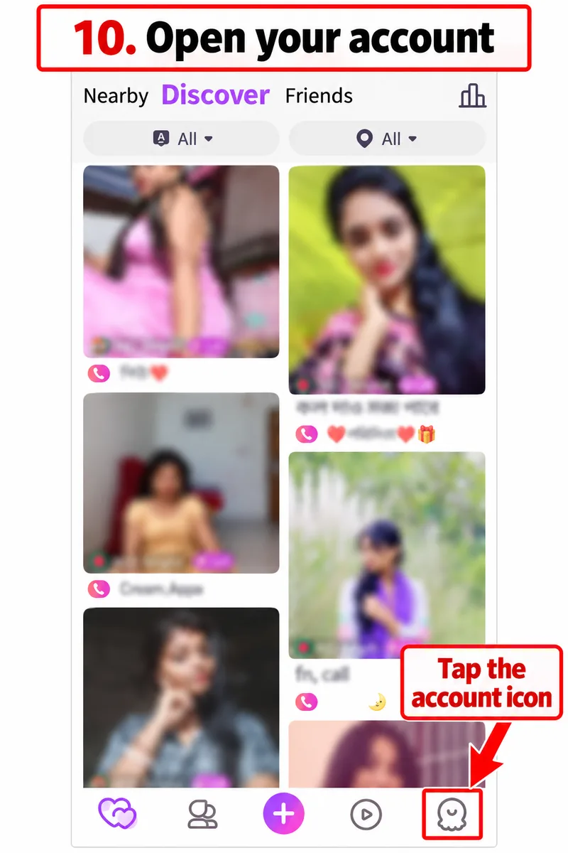 Bottom-right account icon highlighted in the app