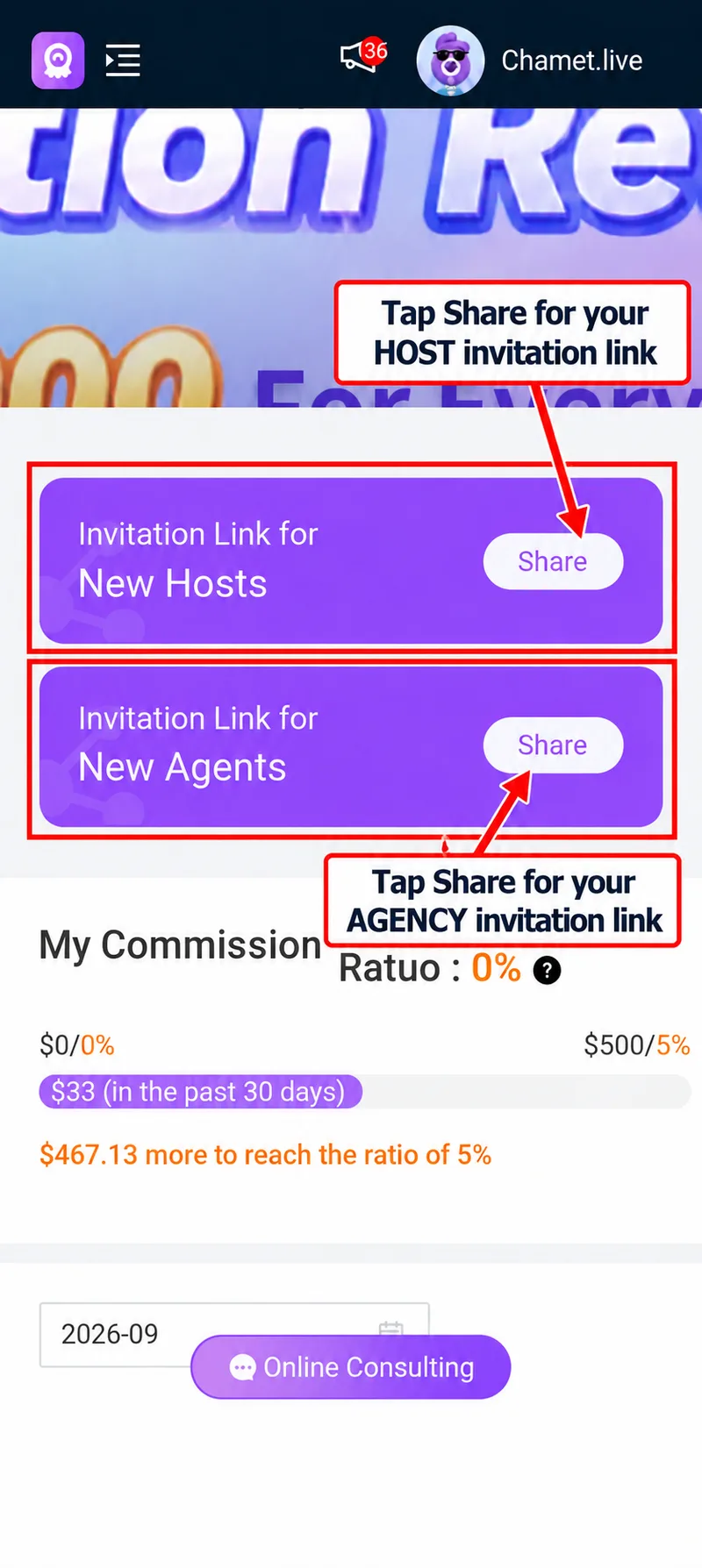 Share buttons for new host and new agent invitation links