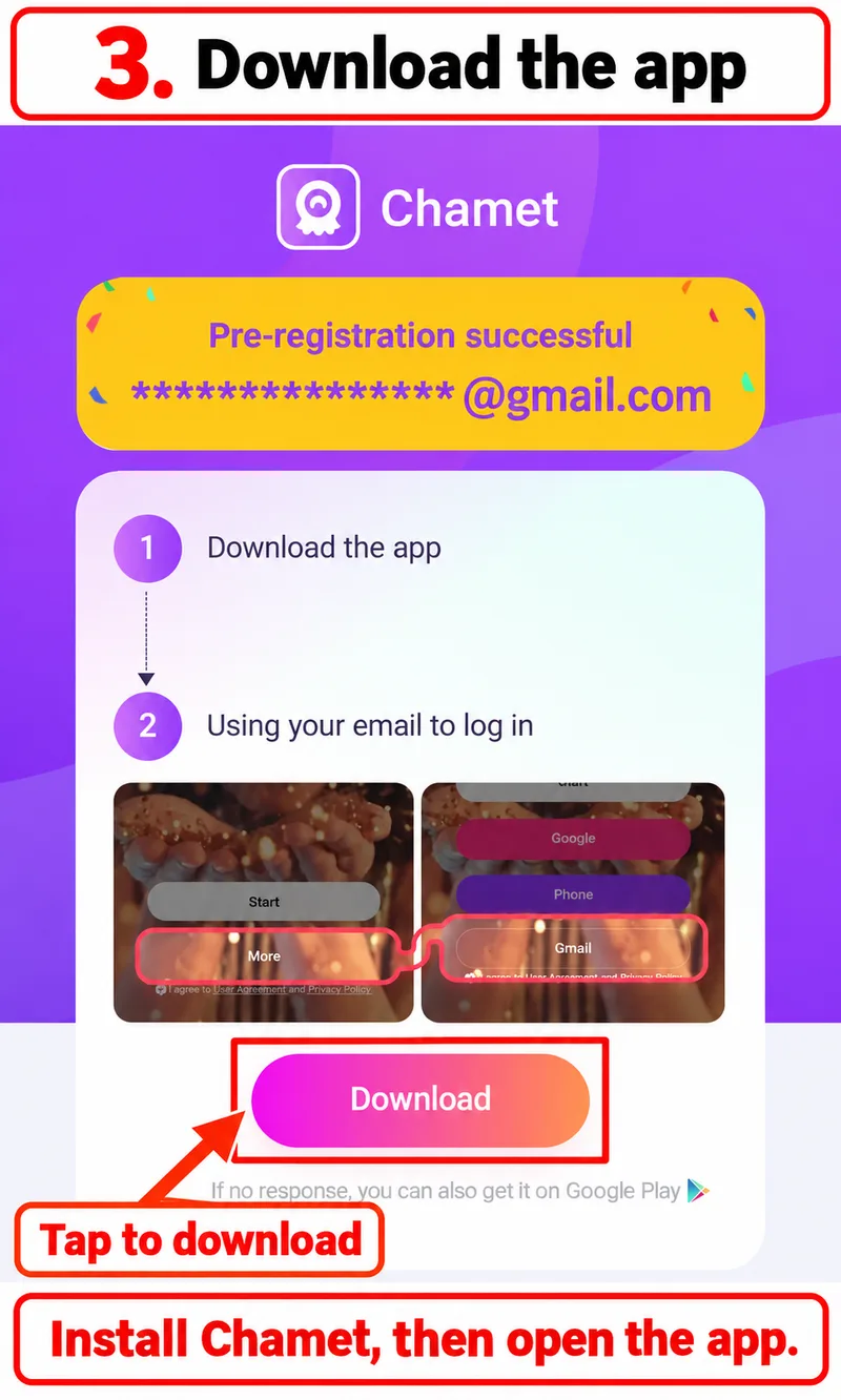 Pre-registration confirmation with the app Download button