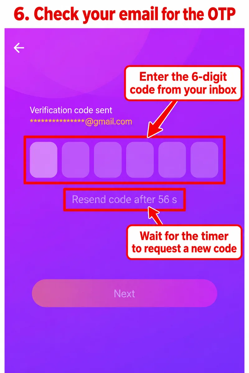 Masked login verification code and Next button