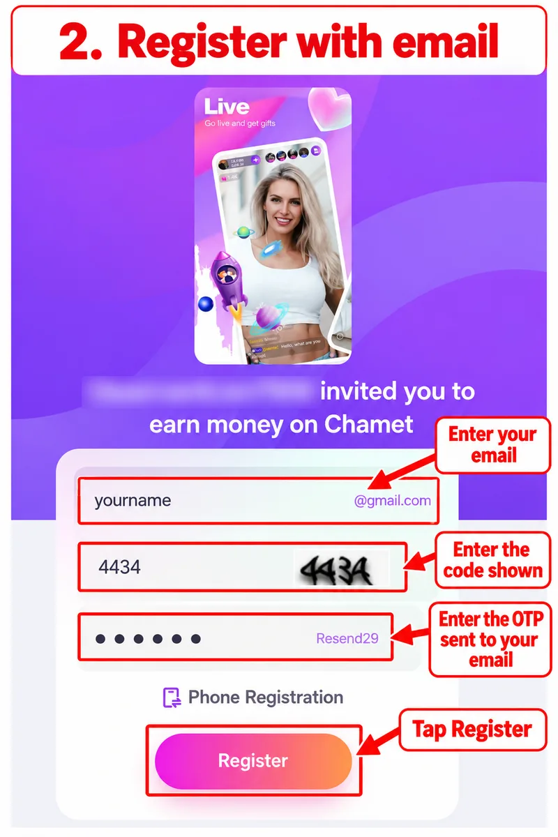 Email registration form with verification fields and Register button