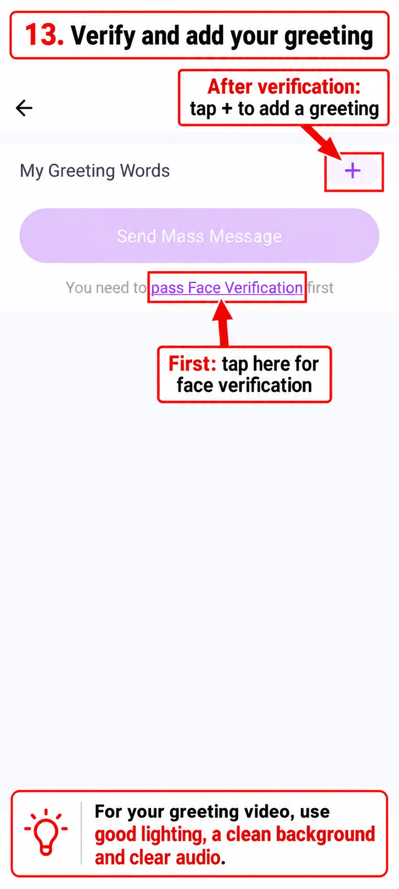 My Greeting Words screen with face verification link and plus button