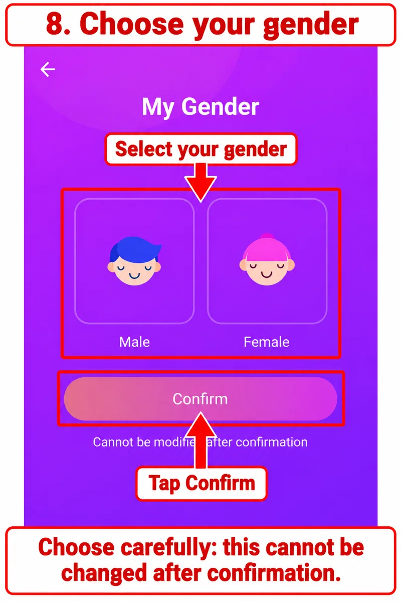 Gender selection screen with confirmation warning