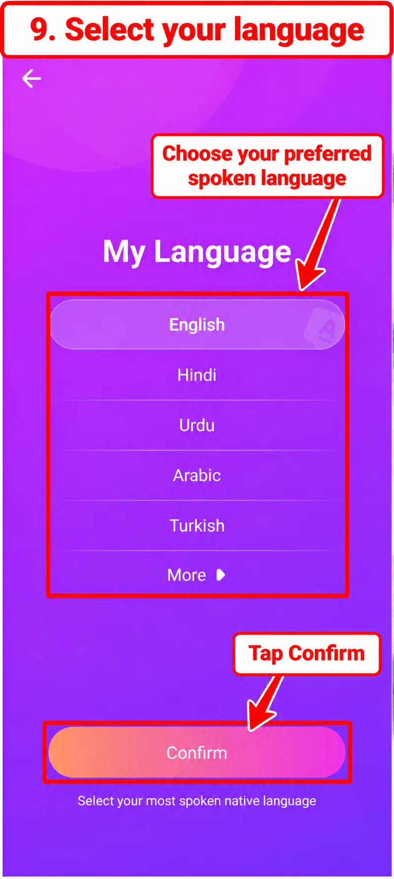 Language choices and Confirm button