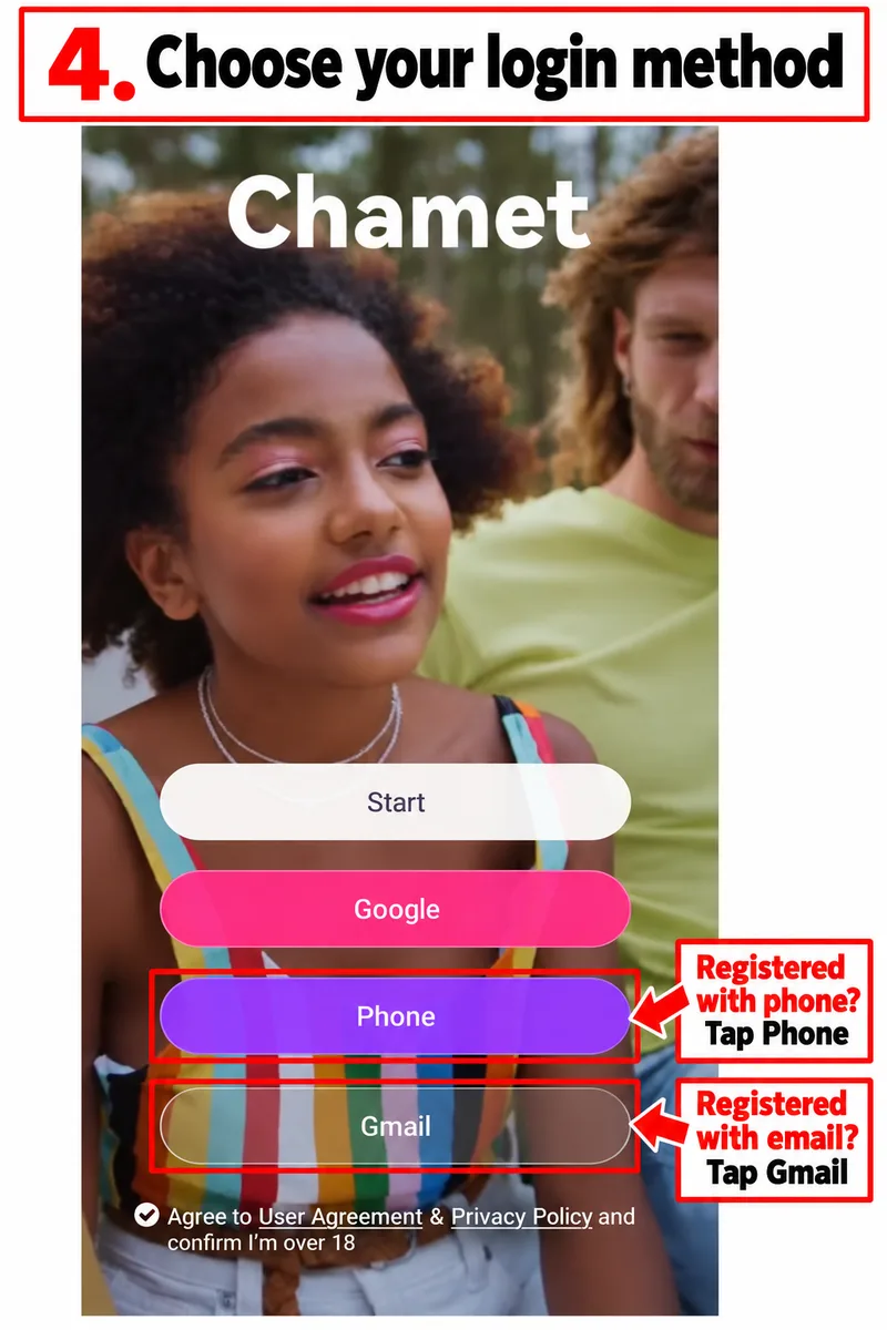 App welcome screen with separate Gmail and Phone login buttons