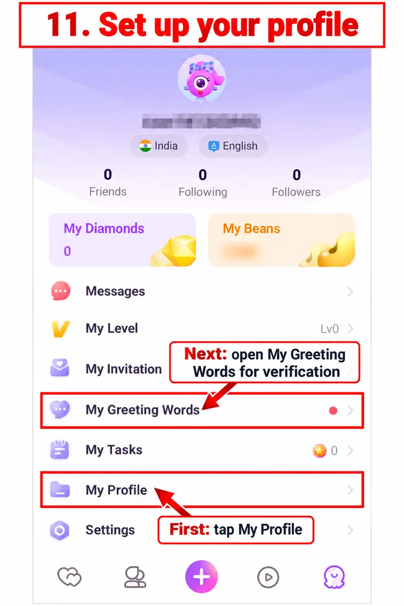 Account menu with My Profile and My Greeting Words highlighted