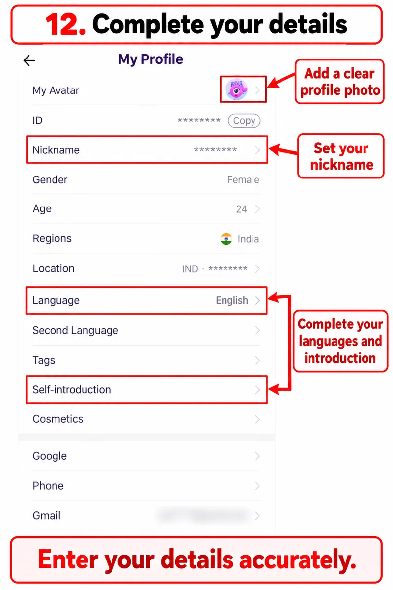 Profile fields for avatar, nickname, languages and self-introduction