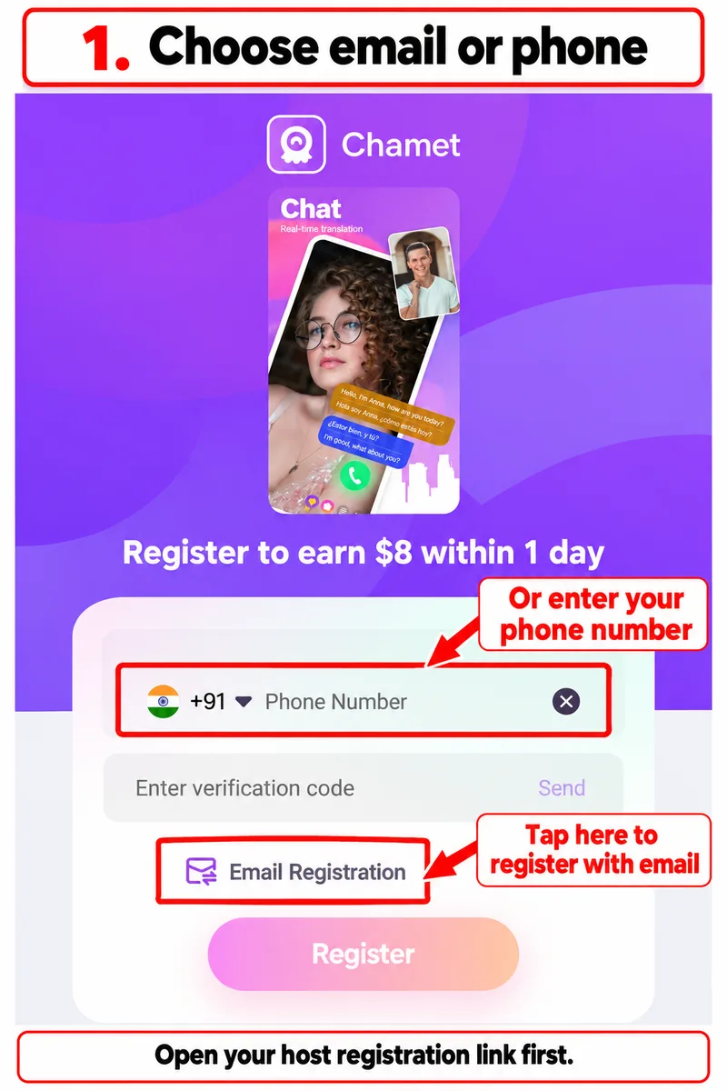 Host invitation form with email and phone registration options