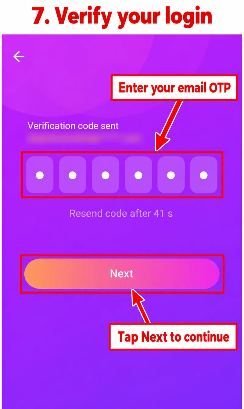 App login code entered with Next button; email address blurred