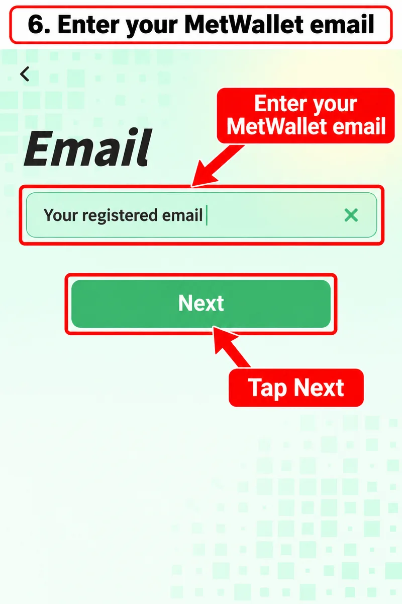 MetWallet email field and Next button