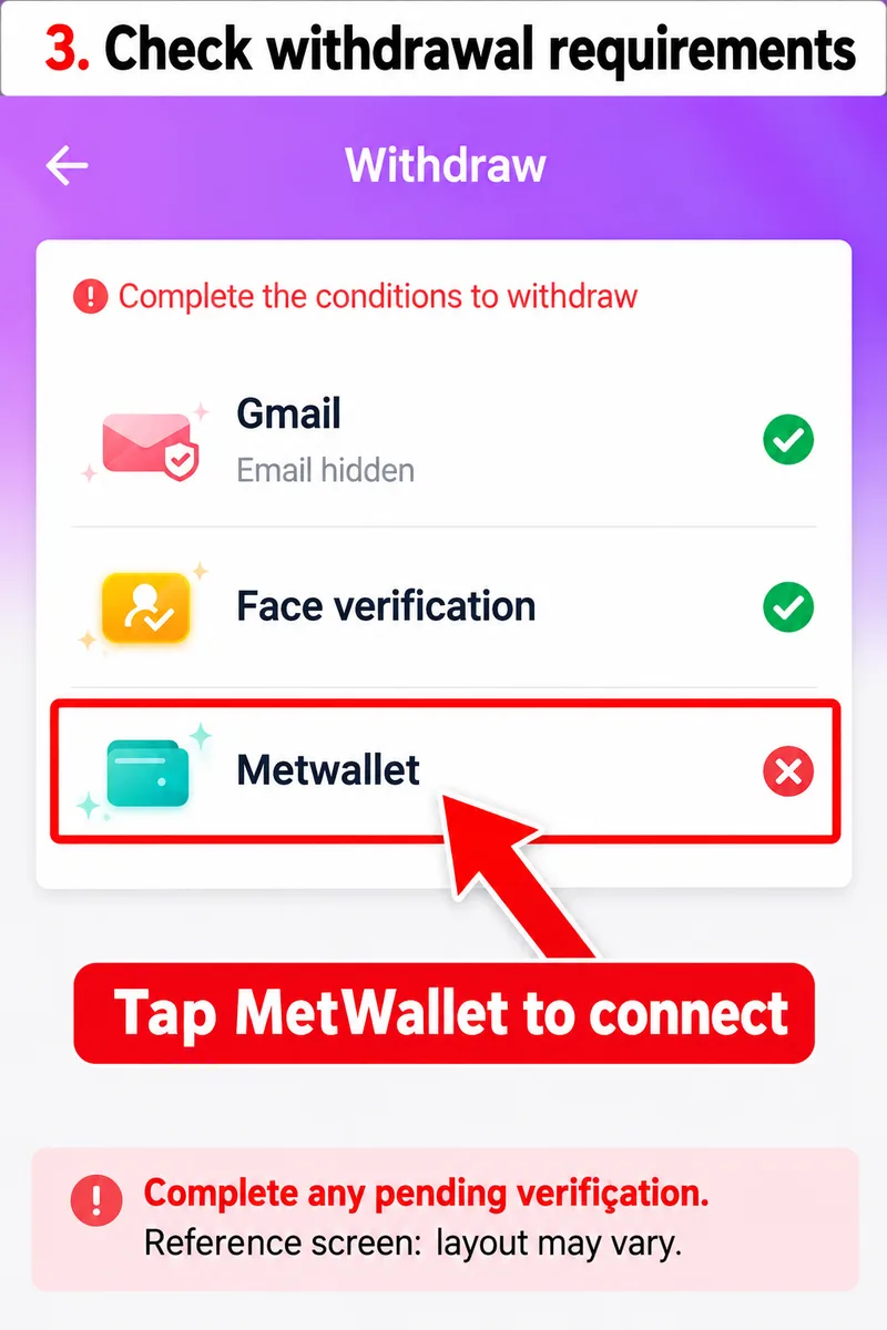 Withdrawal conditions with Gmail, face verification and the MetWallet option