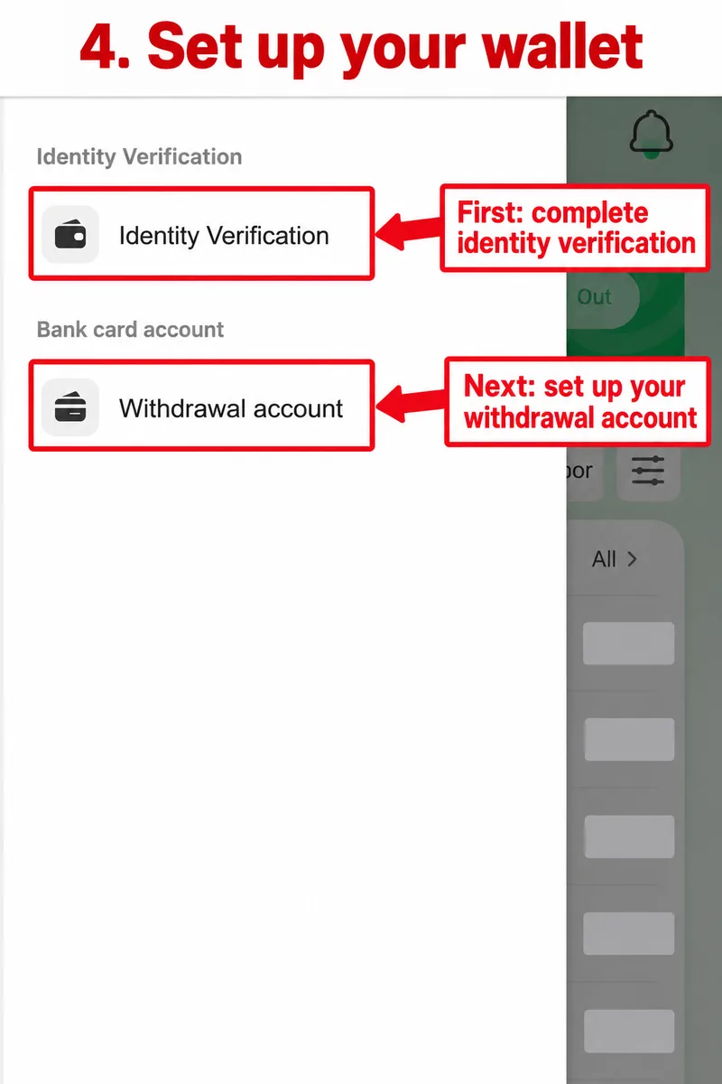 Wallet menu with Identity Verification and Withdrawal account options